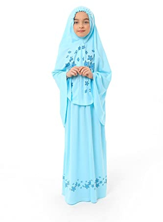 Elanesa Mädchen Gebetskleidung Kinder Islamische Kleidung Kleid Mädchen Zweiteilige Kleider Maxi Skirt, Langer Hijab und Rosenkranz Geschenk Blumen gedruckt