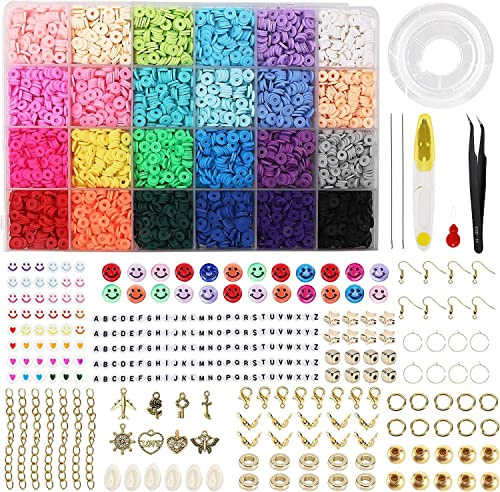 6100 Stück Set flache Perlen, 24 Farben, handgefertigt, aus Polymer-Ton, bunt, rund, für Kinderschmuck, DIY, Halskette, Armband, Ohrring