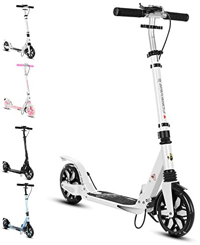 Bueuwe City Roller Erwachsene 150 kg Tragkraft, Tretroller Cityroller Erwachsene mit 200mm LED-Blinkräder, Klappbar Kickboard Big Wheel Scooter, Höhenverstellbar, Scheibenbremsen,Weiß