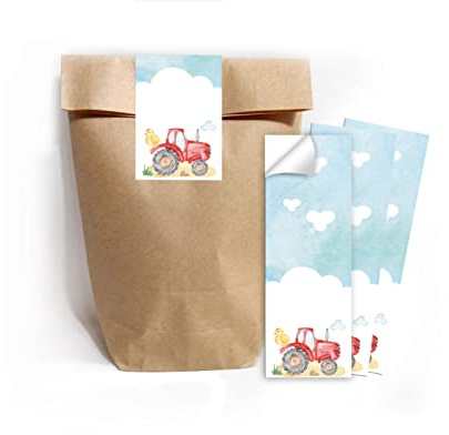 Junapack 12 Geschenktüten (Natur) + 12 Aufkleber Bauernhof für Mitgebsel Gastgeschenk beim Kindergeburtstag Mädchen und Jungen