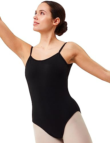 tanzmuster Ballett Trikot Damen Spaghettiträger - Nadine - BH-Pad-Einschub - tiefer Rückenausschnitt mit geblümter Spitze - Tanz Body aus Baumwolle - Ballettkleidung für Erwachsene