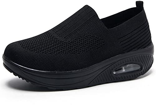 Dfcdcoo Ortopediska sneakers för kvinnor, ortopediska sneakers för kvinnor, luftkudde slip-on promenadskor plattform nät sneakers sandaler (svart, 40)