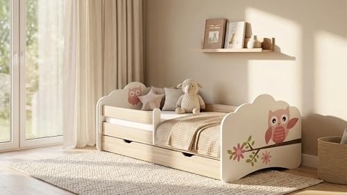 Happy Babies Kinderbett - Mit Matratze & Schublade und Rausfallschutz, 80x160, Mädchen Kinderbetten & Jugendbett Jungen Kids Bed, Jugendbett für Bodentief Ausziehbett Kleinkind, Lattenrost
