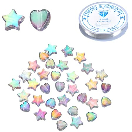 MEMOFYND 400 cuentas acrílicas con 1 rollo de cuerda elástica, cuentas de estrellas coloridas de cinco puntas, perlas de amor, cuentas para hacer cuentas para manualidades