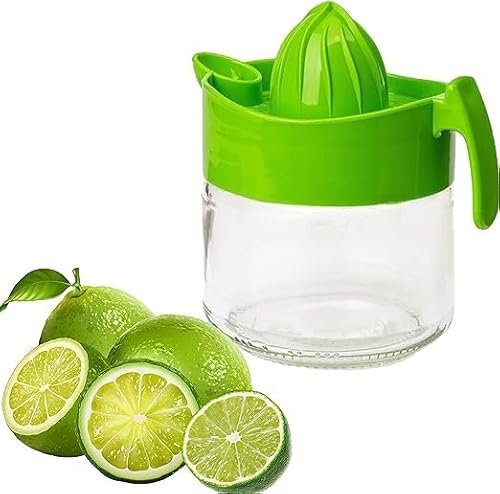 4All Manual Lemon Squeezer Non Electric Hand Press Fruit Juice Extractor BPA free Lemon Lime Orange Juicer Jug Glass Jar Base Handheld Citrus Press 300ml (Green)