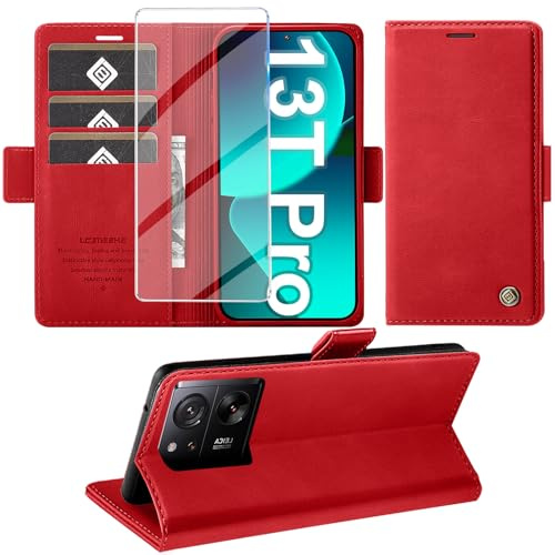 Giyer Handyhülle für Xiaomi 13T/13T Pro Hülle mit Schutzfolie, Schutzhülle 13T Pro 5G PU Leder Wallet Flip Case Ständer Kartenfach Klapphülle für Xiaomi 13T Pro/13T Tache Full Cover (Rot)
