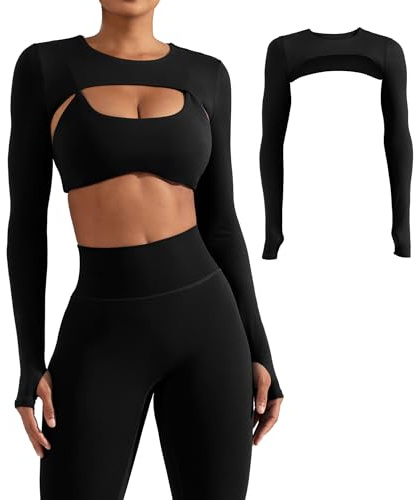 YEOREO Women Crop Top Long Sleeve Bolero Open Front Workout Cropped Shirts Sports Shrug Without Bra Black S