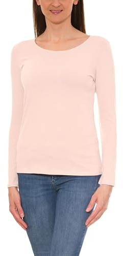 Alkato T-Shirt à Manches Longues à Encolure Arrondie Femme Top Moulant en Cotone, Rose poudré, S