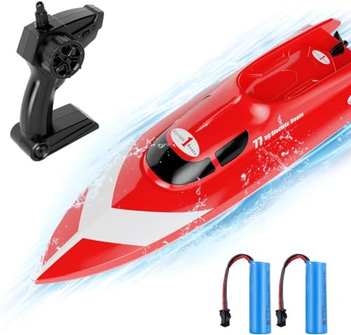 MaxTronic 15km/h RC Boot für Pools und Seen, 2.4Ghz Rennboot Elektrisches Spielzeug für Kinder & Erwachsene mit 2 wiederaufladbaren Batterien, Alarm bei niedrigem Batteriestand