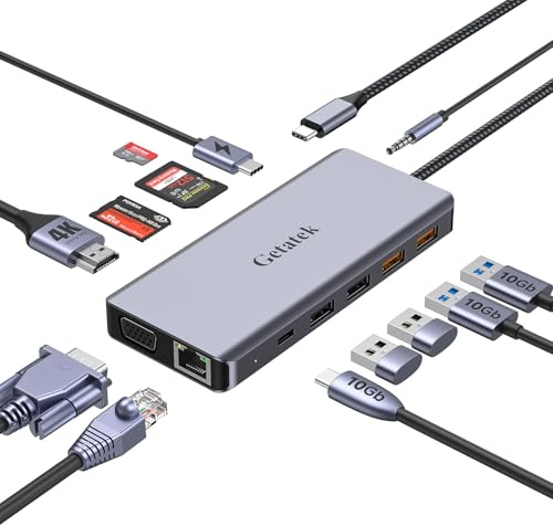 Getatek 12-in-1 Docking Station USB C Ethernet Adapter, USB C Hub HDMI 4K | USB C Verteiler Mehrfach mit USB-A/C 3.2 Ports, 100W PD, VGA, SD/TF/MS Kartenleser, 3.5MM Audio für MacBook Pro/Air, Laptop