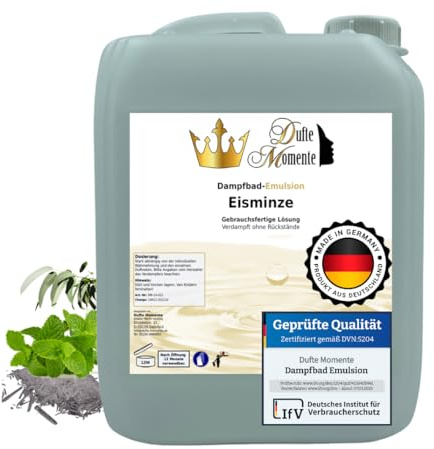 Dufte Momente | Dampfbad Emulsion Eisminze (Eukalyptus, Menthol, Minze) 5 Liter | geprüfte Qualität | mit naturreinen und natürlichen ätherischen Ölen | gebrauchsfertig | vegan und ohne Tierversuche