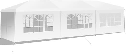HOMASIS Carpa de Jardín Impermeable, Pabellón de jardín con 8 Paredes Laterales Desmontables y Ventanas, Cenador Plegable de Marco de Metal con protección UV, para jardín, Fiesta, Boda, 3x9m, Blanco