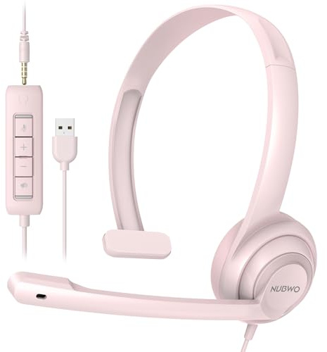 NUBWO HW02 USB Headset with Microphone Noise Cancelling &in-line Control, Ultra Comfort Computer Headphones for Laptop pc, On-Ear Wired Office Call Center Headset for Boom Skype Webinars (Pink)