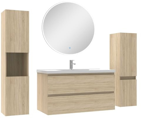 AICA Ensemble Meubles Salle de Bain 100cm Vasque + Colonne + Miroir Rond Mural Chêne Wotan