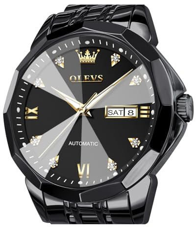 OLEVS Armbanduhr für Herren, automatische Klassische mechanische Uhr, Diamantspiegel, Edelstahl, lässig, wasserdicht, Tag/Datumskalender