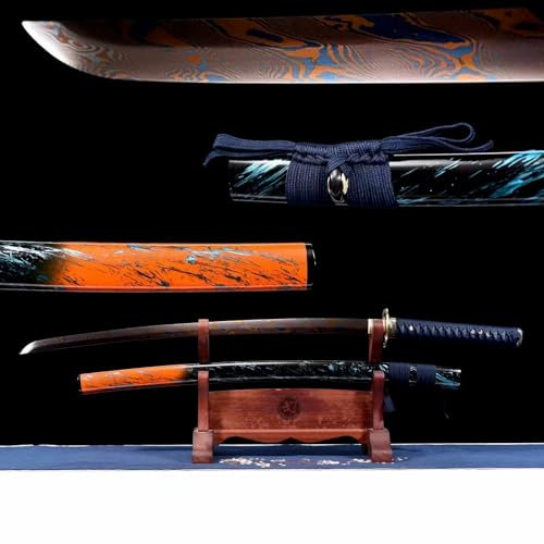 103cm handgefertigtes Katana Schwert,Musterstahl klinge mit Leitermuster,Scheide aus massivem Holz und Handschutz aus reinem Kupfer,echtes Samurai Swords zum Spielen,Rollenspiel,Maskerade,Ausstellen