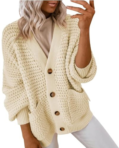 FUPODD Pullover & Strickjacken Für Damen V Ausschnitt Grobstrickjacke Casual Lose Strickjacke Damen Grobstrick Warme Cardigan Elegant Strickmantel Dicke Pulli Frauen Mit Knöpfen Sweater Mit Taschen