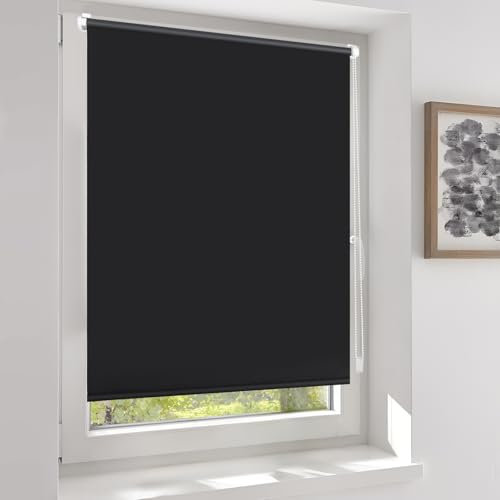 Sekey Verdunklungsrollo ohne Bohren Klemmfix Doppelseitig gleichfarbig Freihängendes Seitenzugrollo effektiver Sonnenschutz und Sichtschutz Rollo Verdunkelung 115x130cm Schwarz