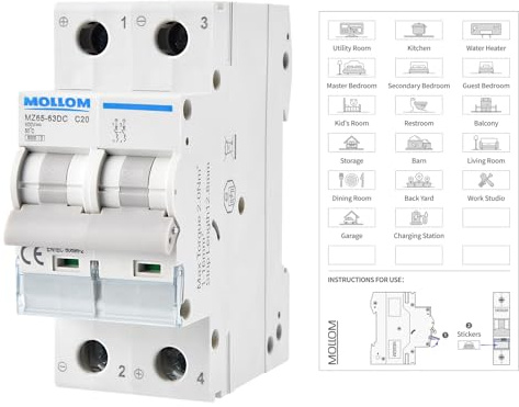 MOLLOM CC 2P 400V 20A C20 Disjoncteur miniature | Disjoncteur miniature sur mesure,déclenchement thermomagnétique,6 kA, sectionneur CC pour système photovoltaïque