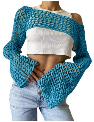 Generico Top corto da donna in maglia all'uncinetto, coprispalle sexy Y2k scava fuori maglione lavorato a maglia ritagliato vedere attraverso bikini copricostume