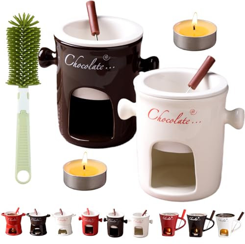 Vgpbphj Fondue Cup, Mini Ceramic Chocolate Melting Pot Set with Forks, Individual Fondue Mug, Personal Butter Warmer, Gift Set for Birthdays & Special Occasions (B-Mix2)