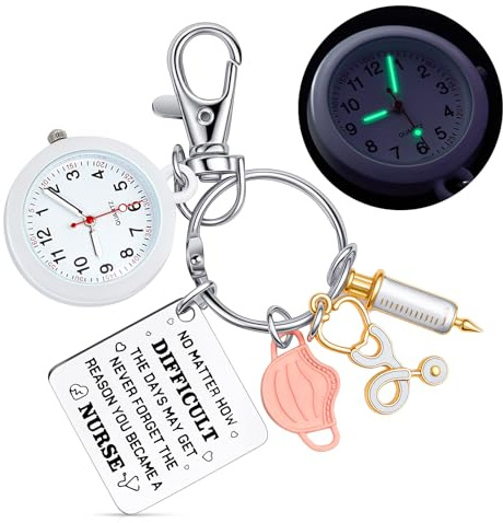 Dansydaisy Glow in The Dark Nurse Watch Appreciation Keychains Gifts for Women Clip on Pocket Badge Watch Medical Key Chains for Nurses Graduation Presents Appreciation Gifts