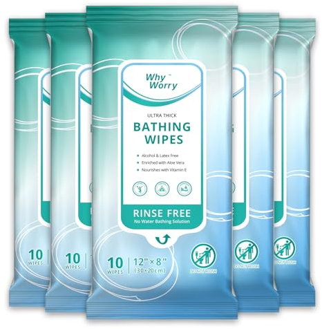 WhyWorry Spülfreie Einweg Körpertücher für Erwachsene, Extra Große 20x30 cm Badefreie Feuchttücher, Ultra Dick Feuchte Waschlappen zum Baden, Inkontinenz, Ältere & Bettlägerige, Parfümierte, 50 Stück