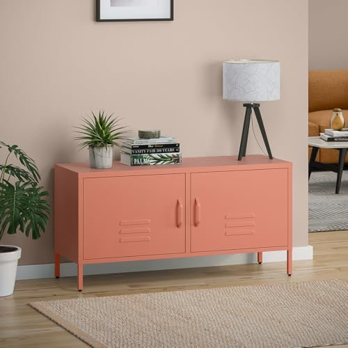 skølm Atria Lowboard aus Metall – TV Schrank in Terrakotta – Fernsehtisch mit 2 Einlegeböden & 4 Fächern – TV-Board 110x38x55 cm (BxTxH) – Sideboard/Fernsehschrank/Wohnzimmerschrank/Metallschrank