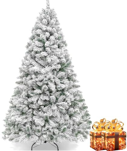 Cityjoy Árbol de Navidad flocado de nieve de 7 pies, árbol artificial de con 1150 puntas de rama, base plegable y bisagras de metal para decoración del hogar, oficina y fiesta al aire