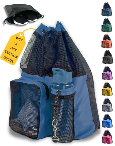 JIMJOOS Drawstring Mesh Swimming Bag - 25L Waterproof Swim Bag with Wet/Dry Compartment, Multifunctional Sports Backpack for Kids, Adults, Swimming, Surfing, Beach, Gym (Navy Blue)