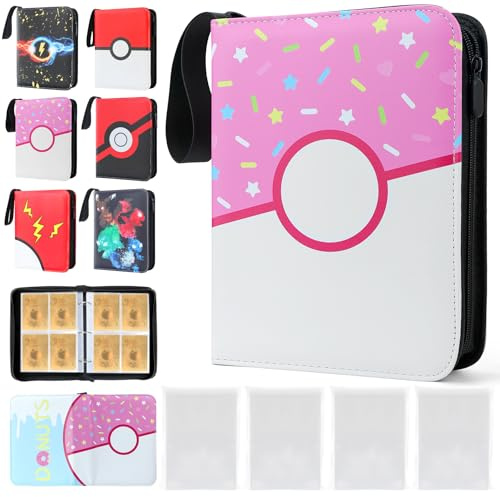 DBPBToU Álbum Cartas para 400 Cartas con 400 Fundas Cartas, Album para Poke X, V, Vmax, TAG TEAM, EX, GX, MTG, TCG, Álbum impermeable de Cuero PU con Cremallera (Rosa Círculo)
