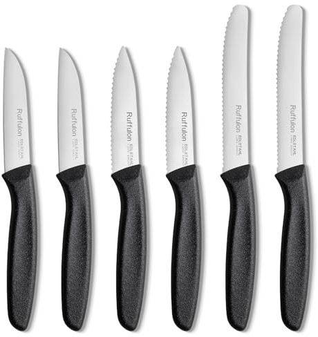 Ruffulon Couteaux de Table de 6 Pièces, Set Couteaux de Cuisine ultra pointus, Couteau de Table avec Manche Ergonomique, Couteau à légumes, à tomates et à petit déjeuner- Noir