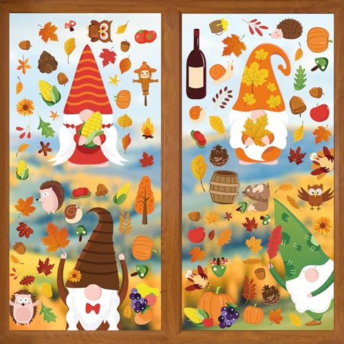 SLWOO Fensterbilder Herbstdeko - 147 Stück Fenstersticker Selbstklebend mit Ahornblatt Zwerg, Kürbis Kleintiere Fensterdeko Herbst Aufkleber für Kinder Thanksgiving Türen Febster Dekorations
