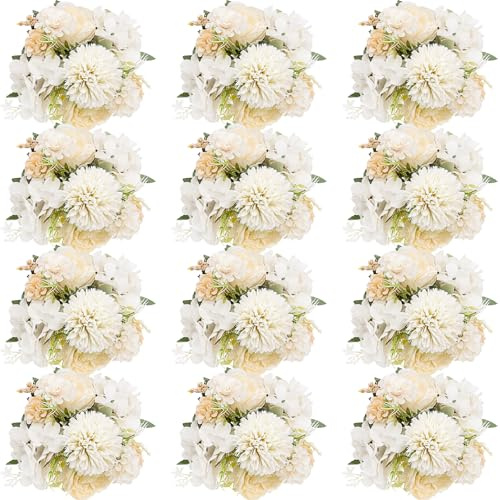 OJMHD 12 Bündel künstliche Pfingstrosen Blumen, Weiß Seide Rosen Bouquet für Tischdeko, Fake Seidenblumen für Hochzeit Party Tischaufsätze Blumenarrangement Heim Küche Deko