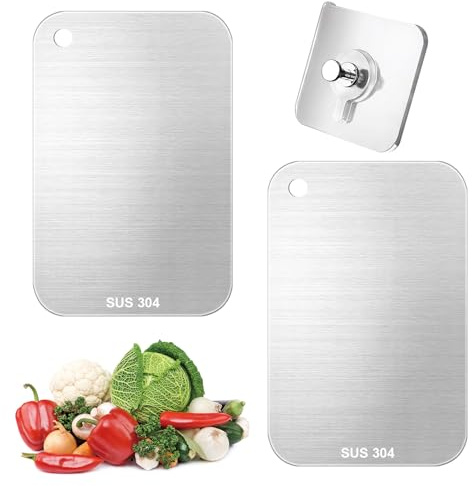 2 Pz Tagliere Acciaio Inox Professionale, Tagliere in Titanio per Cucina, Taglieri in Acciaio Inox per Cucina, Taglieri In Acciaio Inossidabile Doppio Lato per Alimenti Carne Verdura Frutta+2 Ganci