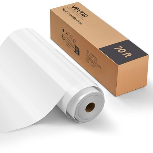 VEVOR Foglio di Rotolo Vinile Termoadesivo per Tessuti 304,8 x 21336 mm, Pellicola per Plotter in Vinile a Trasferimento Termico per Macchine da Taglio, per Magliette Cuscini Cappelli, HTV, Bianco
