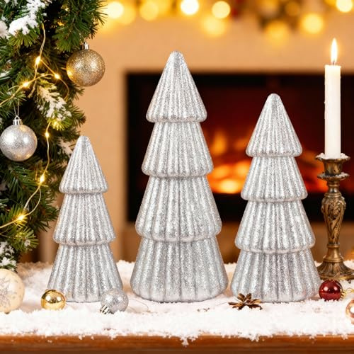 Miaikoe Set of 3 Christmas Tree Decorations Indoor, Glittering Modern Christmas Tree Decor Tabletop Entryway Table Mantel Centerpiece for Holiday Party (Silver)