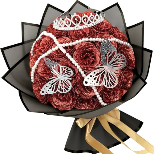 LARDUX 24 Stück Blumenstrauß,Glitzer Rosen,künstlicher rosenstrauß,Glitzer rosenstrauss,Glitzer Blumen,-DIY künstlich Selbstgemachter glitzernder Strauß Für Geburtstag,Jahrestag,Valentinstag, (Rot)