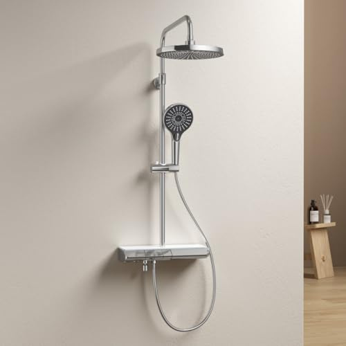 EMKE Duschsystem mit Thermostat Chrom, Duschsystem Regendusche mit Digitaldisplay, Duscharmatur Komplettset mit Handbrause 3 Strahlarten, Regendusche mit Armatur, Klaviertasten, Ambiente-Beleuchtung