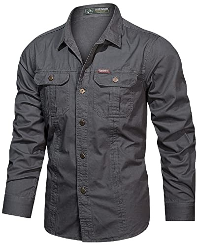 Camisa de trabajo para hombre, manga larga con botones, dos bolsillos en el pecho para almacenamiento, ropa de trabajo duradera, transiciones a uso casual de oficina, L