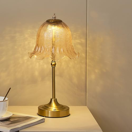 AoLa LED Tischlampe Akku Dimmbar, Kabellos Tischleuchte mit Blumen Glas Lampenschirm, Gold Vintage Nachttischlampe Touch Control, Wiederaufladbare Deko Lampe für Schlafzimmer, Wohnzimmer
