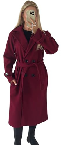 Crazy Fashion Coats For Women UK Winter Jackets Long Sleeve Plain Double Breasted Wool Blend Long Trench Plus Size Coat with Belt, Classic Lapel Ladies Overcoat(Wine, UK 18-24)