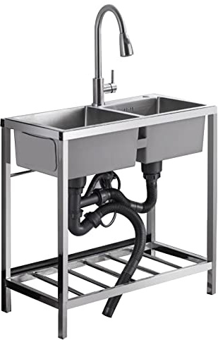 SnamicE Doppelwaschbecken, freistehendes Edelstahlspülbecken, kommerzielles Restaurantspülbecken mit kaltem und heißem Wasserhahn für Wäsche, Hinterhof, Garage, Camping,70 * 40cm