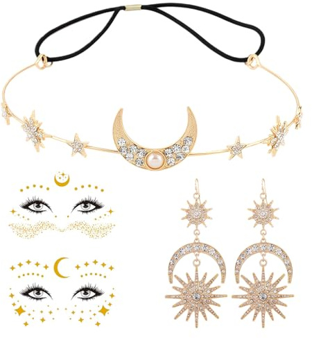 Wahrsagerin Kostüm Kopfschmuck, Goldener Mond Und Sterne Stirnband, 4-teiliges Set Mit Ohrringen Und Gesichtsaufklebern