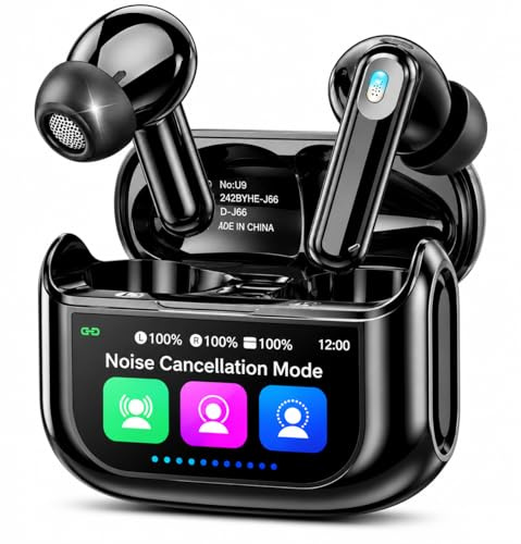wowtravel Wireless Earbuds Bluetooth 5.4 Noise Cancelling In Ear Headphones Smart Touch Screen LED Case 48H Playtime HiFi Stereo 5 EQ Modes IPX7 Waterproof Premium Earbuds Black