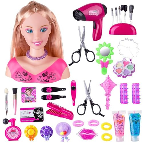 Jorzer Tête de poupée pour Coiffure 35 pièces/Ensemble tête de Coiffure simulée poupée pour Enfants avec sèche-Cheveux alimenté par Batterie Apprentissage imaginatif et du Maquillage