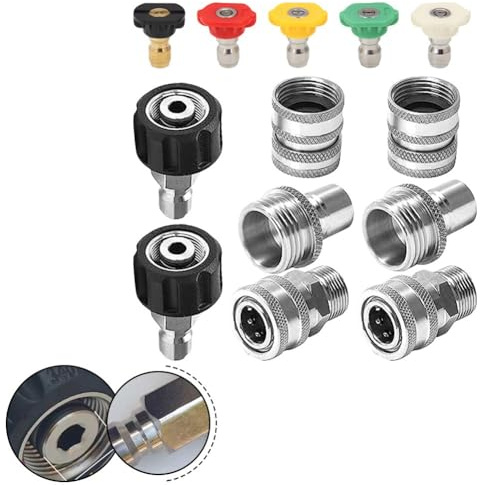 Kit adattatore per idropulitrice ad alta pressione in acciaio inox con attacco M22-14 girevole e connettore per tubo da giardino da 3/4, set da 8 pezzi con 5 ugelli