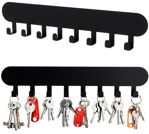 2 Stück Schlüsselbrett Ohne Bohren, 30 x 4 x 6 cm Schlüsselboard mit 8 Haken, Schlüsselhalter Wand, SchlüsselaufhäNger, Schlüsselbrett Modern Schwarz, Schlüsselleiste für Flur Eingang Küche Badezimmer