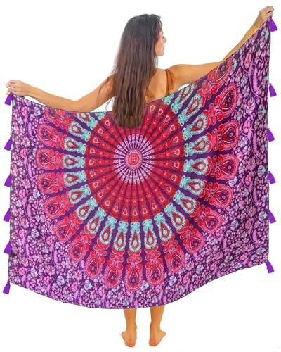 Pareo/Sarong/Cubrebos Boho Mandala con borlas - Algodón Supersuave y Ligero, Estampado de Pavo Real Indio Grande, Morado Amatista místico
