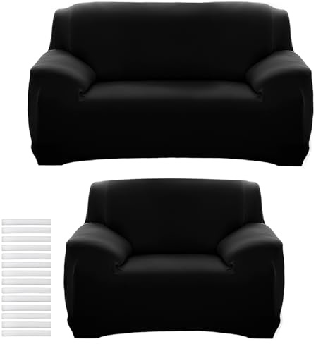 Kaxtde 2 Pack Stretch Sofa Covers for 2 and 3 Seater, Black Non-slip Couch Covers, Universal Soft Fabric Slipcovers for Living Room Furniture Protection, Wrinkle Resistant